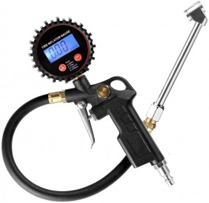 102026 LED Display Digital Tire Inflator Pressure Gauge With Dual Head Chuck Rubber Hose