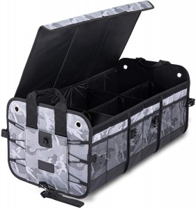 102090F Camouflage Car Trunk Organizer Storage Organizer na may 6 na Compartment para sa Car SUV Truck