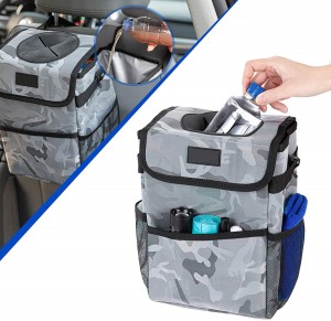 102086F Camo 2.3 Gallon Waterproof Car Trash Can Organizer Garbage Bin With Adjustable Strap