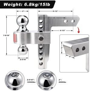 10407 Aluminum Trailer ທີ່ສາມາດປັບໄດ້ Hitch Ball Mount 8-Inch Drop/Rise