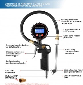 102026 LED Display Digital Tire Inflator Pressure Gauge With Dual Head Chuck Rubber Hose