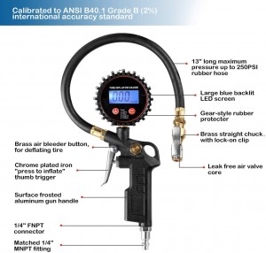 102027 Дигитален манометар за надувување гуми LED дисплеј Мерач за дефлатор на гумите