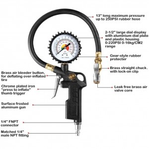 102025 Dual Head 2-1/2″ Dial Wheel Gauge Rubber Hose Tire Inflator Air Pressure Gauge