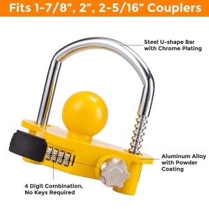 7008 Yellow Trailer Hitch Coupler Lock Universal Ball Tow Coupler Security Lock