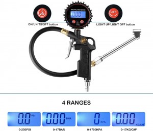 102026 LED Ifihan Digital Tire Inflator Ipa Iwọn Pẹlu Meji Head Chuck Rubber Hose