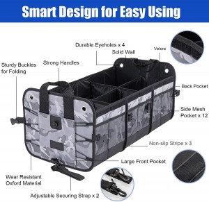 102090F Camouflage Tsheb Trunk Organizer Cia Organizer nrog 6 Cov Chaw rau Tsheb SUV Truck