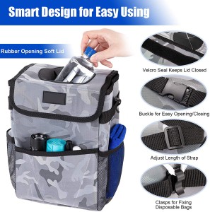 102086F Camo 2.3 Gallon Waterproof Car Trash Can Organizer Garbage Bin With Adjustable Strap
