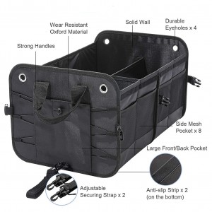 102089 Car Trunk Organizer Collapsible Cargo Trunk Storage Organizer nga Adunay 4 nga mga Kompartamento
