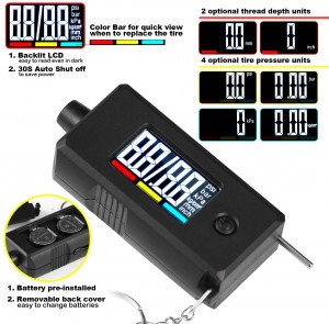 102050 Digital PSI Tire Pressure Gauge Reader Checker 2 nan 1 ak Tread Profondè Gage