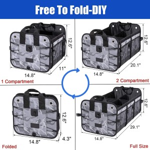 102090F Camouflage Car truncus Organizer Repono Organizer cum VI Compartments pro Car SUV CARRUS