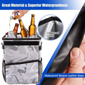 102086F Camo 2.3 Gallon Waterproof Car Trash Can Organizer Garbage Bin With Adjustable Strap