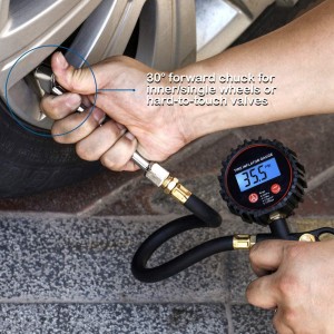 102026 LED Display Digital Tire Inflator Pressure Gauge With Dual Head Chuck Rubber Hose