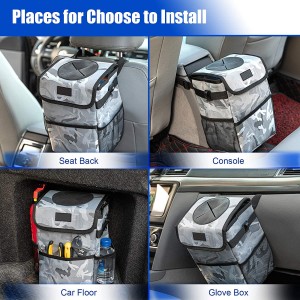 102086F Camo 2.3 Gallon Waterproof Car Trash Can Organizer Garbage Bin With Adjustable Strap