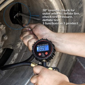 102026 LED Display Digital Tire Inflator Pressure Gauge With Dual Head Chuck Rubber Hose