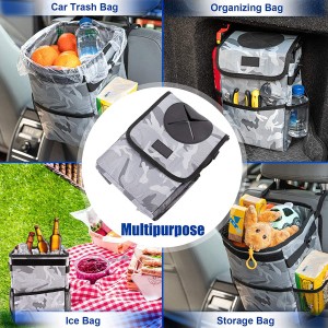 102086F Camo 2.3 Gallon Waterproof Car Trash Can Organizer Garbage Bin With Adjustable Strap