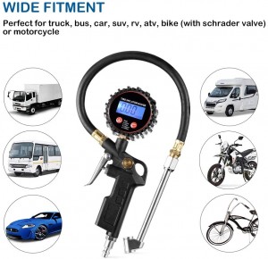 102026 LED Display Digital Tire Inflator Pressure Gauge With Dual Head Chuck Rubber Hose
