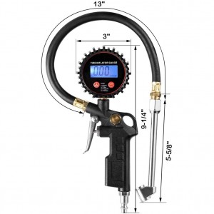 102026 LED Display Digital Tire Inflator Pressure Gauge With Dual Head Chuck Rubber Hose